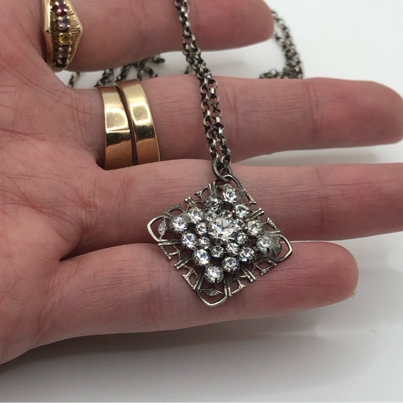 VTG Sterling Silver Crystal Filigree Affixed Pendant Rolo Necklace 28” + 1.1” - Picture 3 of 7